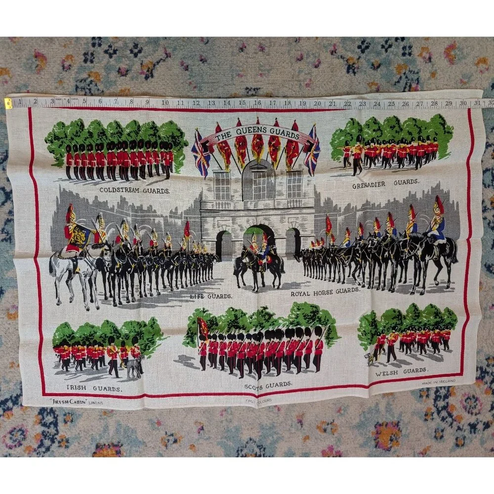 Vintage Mid‎ Century Irish Cabins Linen Souvenir Tea Towel - The Queens Guards